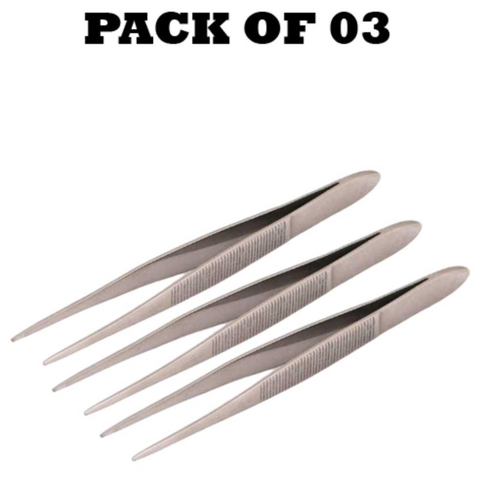 Forgica Professional Stainless Steel Needle Tip Silver Tweezers Pack of 03